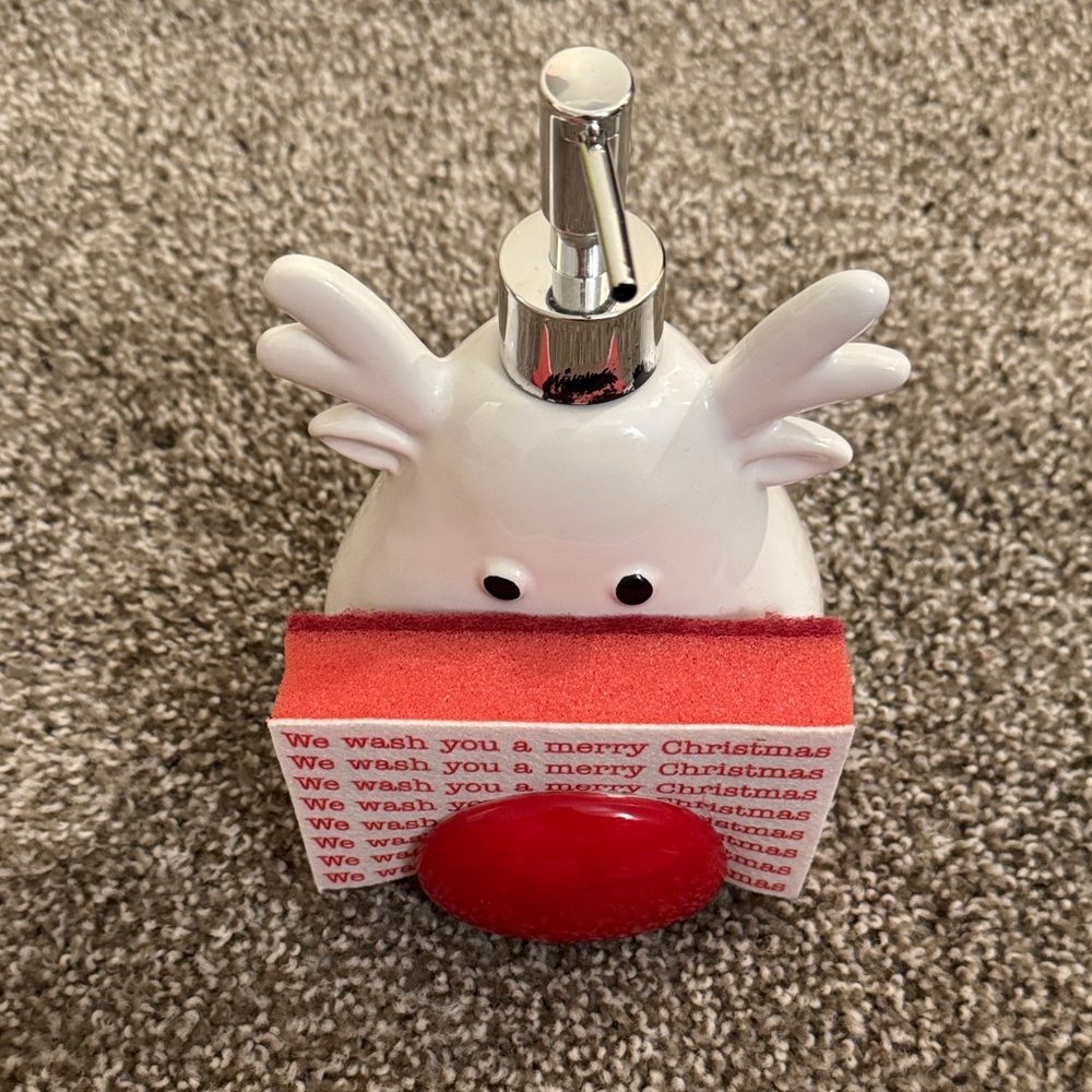 Mud Pie White Reindeer Soap Dispenser with Red Sponge Holder